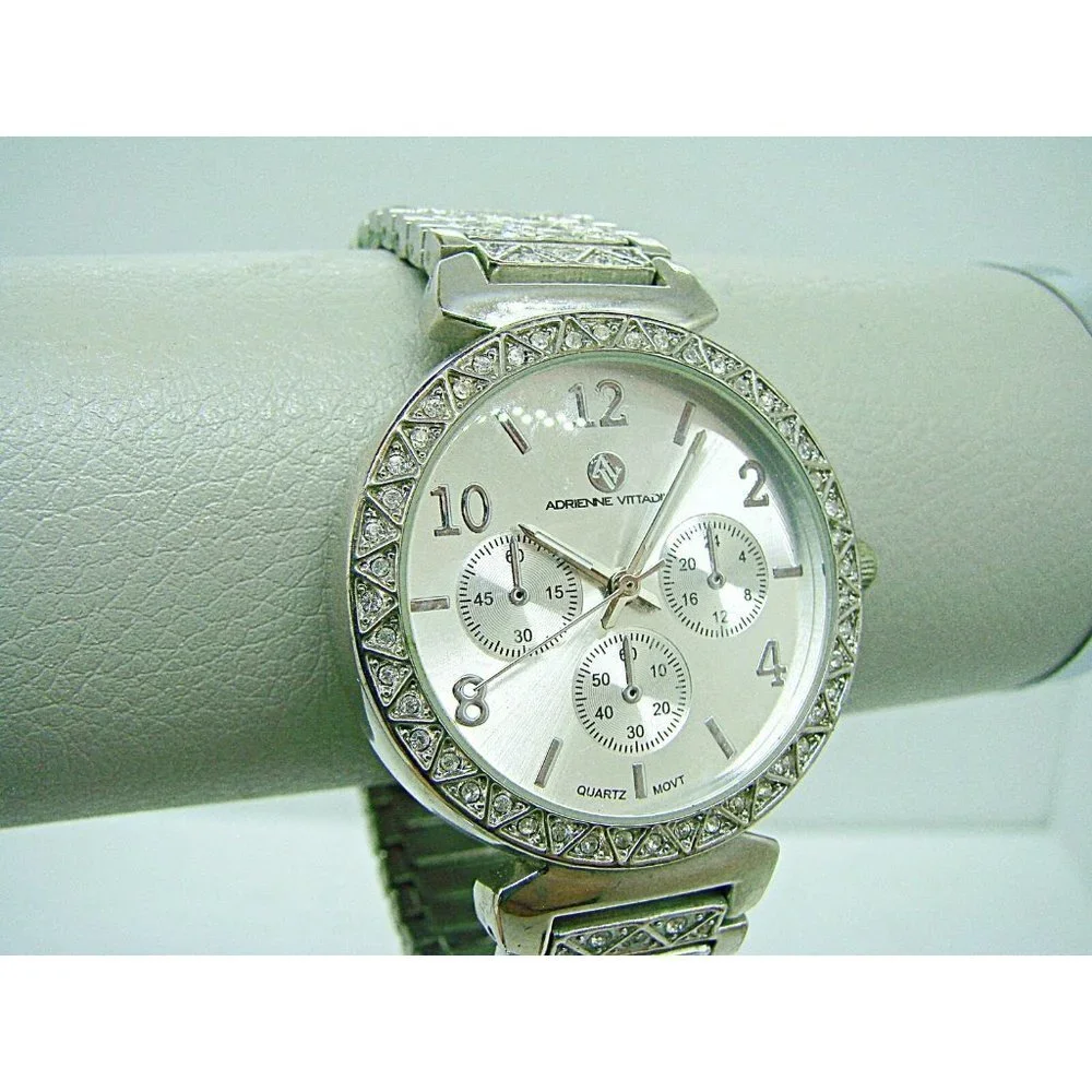Adrienne Vittadini Womens Silver Rhinestone Chronographic Wristwatch Metal Band